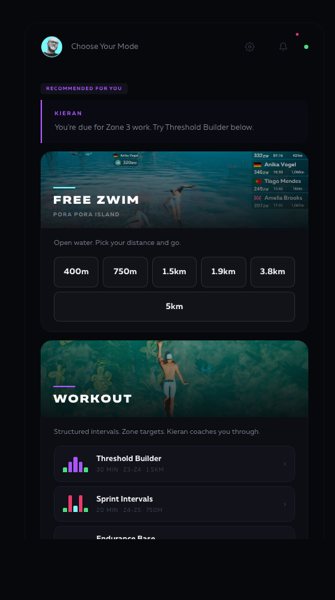 ZWIM Mode Select — Free Zwim, Workout, Challenge